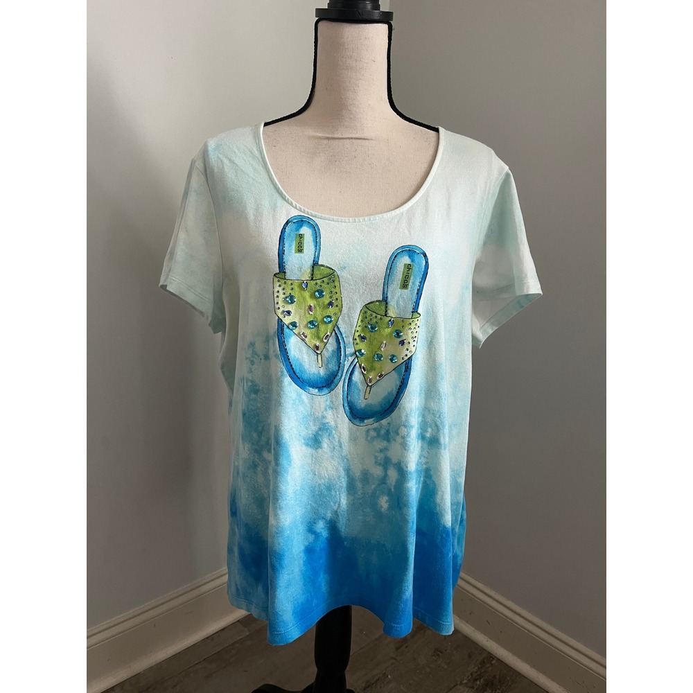 Chicos Cotton Slub Knit T-Shirt 3X Blue Flip Flop Design Sparkly Coastal Resort